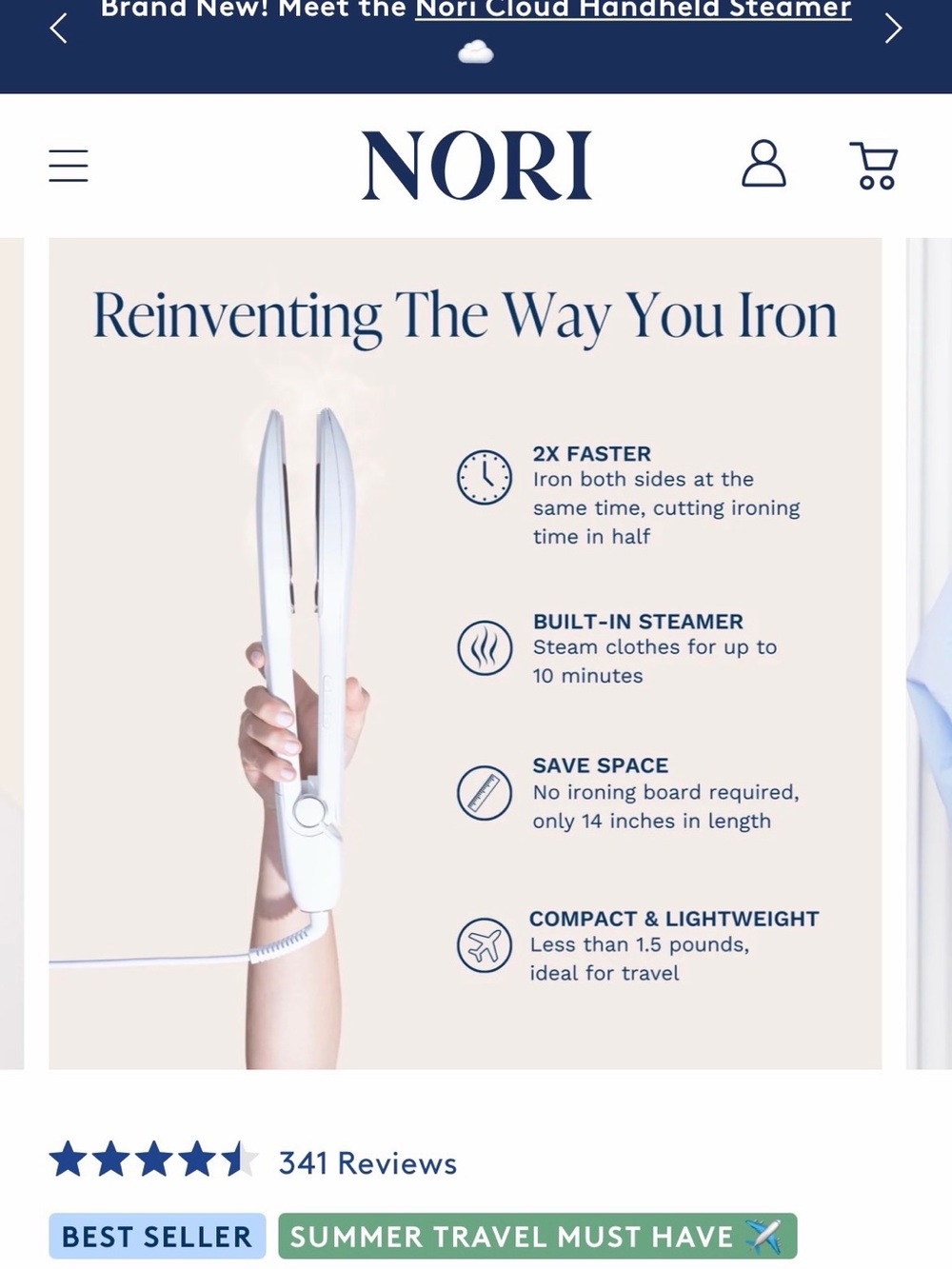 NORI White Handheld Dual-Sided Iron with Built-In Steamer